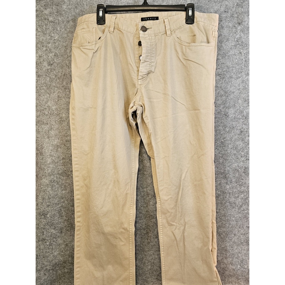 THEORY Button Fly Chino Pants Mens 36x33 Straight Leg Stretch Jeans Tan Preppy